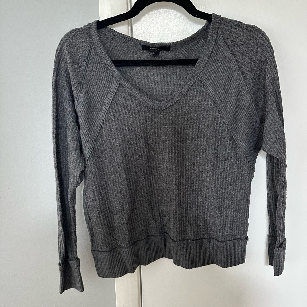 Grey Waffle Knit V Neck